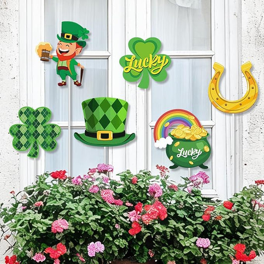 Cinrobiye 6 Pcs St Patrick’s Day Planter Stakes Metal Shamrock Garden Stakes Irish Table Centerpiece Lucky Clover Pot of Gold Leprechaun Decorations for Lawn Garden Farmhouse Decor