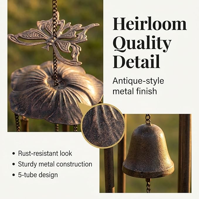 Anderson's Butterfly Wind Chimes, 33" Antique-Style Outdoor Decor for Garden, Patio, Porch, Memorial, Birthday, Wedding, Sympathy, Fundraising, Home or Office – No Assembly Required