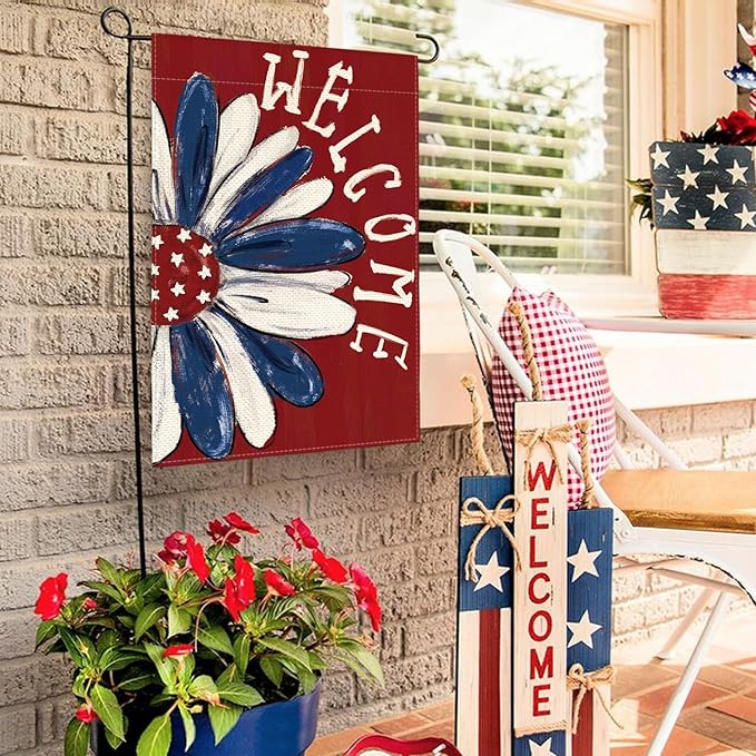 AVOIN colorlife Patriotic 4th of July Garden Flag 12x18 Inch Double Sided Outside, Memorial Day Red Floral Welcome Daisy Yard Outdoor Decoration
