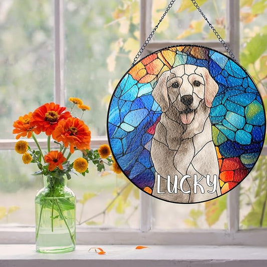 NAZENTI Personalized Pet Stained Glass Suncatcher, Custom Name Pet Photo Memorial Ornament Window Hanging, Remembrance Sympathy Gift for Loss of Pet Dog Cat, Bereavement Keepsake