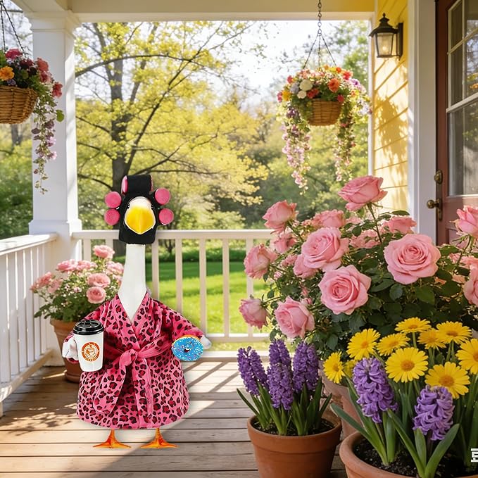 Lady Porch Goose Outfits, Spring Summer Goose Clothes Costume with Pink Leopard Bathrobe for 23/28" Lawn Cement Geese for Garden