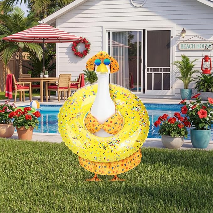 Abbylike Summer Bikini Porch Goose Outfits Yellow Bikini Hawaiian Goose Costume Clothes with Swimsuit, Swim Ring, Sun Hat, Sunglasses Fits Large 23'' Cement for Garden Yard Statue Lawn Art Decoration