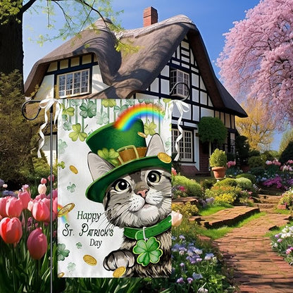 Happy St Patrick's Day Garden Flag Cat with Green Hat Shamrock Yard Flag Shamrock Clover Rainbow Burlap Garden Flags for Irish Spring Farmhouse Patrick Holiday Outdoor Double Sided 12x18 Inch
