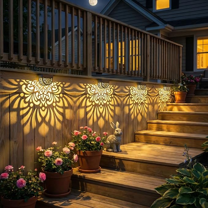 4 Pack Solar Fence Lights Outdoor Wall Lights Plastic Solar Powered Deck Step Stair Lights Mandala Theme Waterproof Fence Solar Light for Garden Post Patio Yard Decor, Gardening Gifts for Women Mom