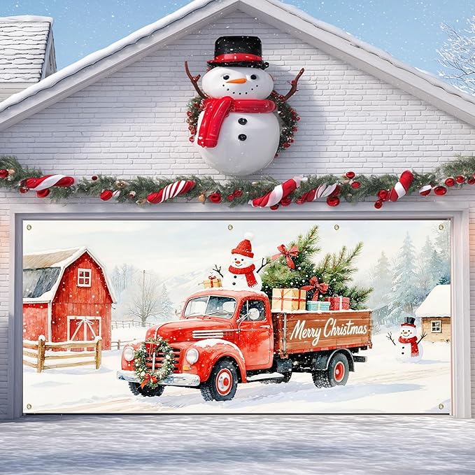 IVN Merry Christmas Garage Door Banner 13x6ft Festive Backdrop Decoration Red Truck Snowman Christmas Photo Prop Background for Joyful Holiday Yard Door Cover Background Outdoor Winter Scene