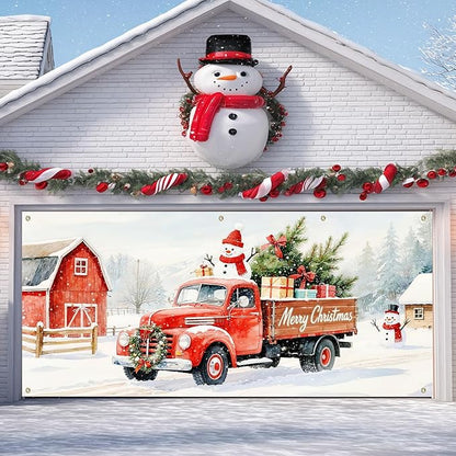 IVN Merry Christmas Garage Door Banner 13x6ft Festive Backdrop Decoration Red Truck Snowman Christmas Photo Prop Background for Joyful Holiday Yard Door Cover Background Outdoor Winter Scene