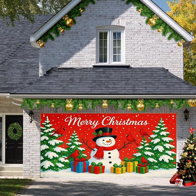HOMETITUTE Merry Christmas Garage Door Banner 13x6ft Festive Backdrop Cheerful Snowman with Colorful Gifts Photo Prop Background for Joyful Holiday Yard Outdoor Winter Scene Display
