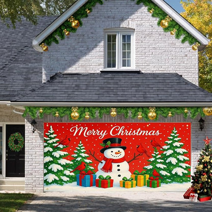 HOMETITUTE Merry Christmas Garage Door Banner 13x6ft Festive Backdrop Cheerful Snowman with Colorful Gifts Photo Prop Background for Joyful Holiday Yard Outdoor Winter Scene Display