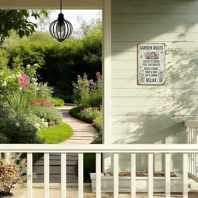 Vintage Metal Garden Sign, Garden Rules Wall Decor for Home Patio Yard, Gardening Gifts for Women, 8 x 12 Inches