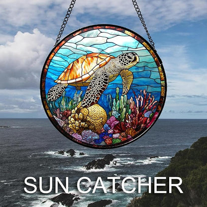 Stained Glass Window Hanging Blue Sea Ocean Coral Turtle Large 15" - Suncatcher Door Garden Sunroom Sun Catcher Home Decor Birthday Christmas for Mom Men Woman Nana