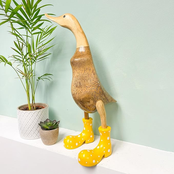 Wooden Crafted Duck Figurine with Spotty Wellies Funny Standing Duck Statues Decorative Resin Rain Boot Animal Sculpture Collectible Crafts Waterproof Garden Lawn Ornament (Yellow, 9.8Inch)