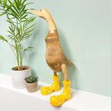 Wooden Crafted Duck Figurine with Spotty Wellies Funny Standing Duck Statues Decorative Resin Rain Boot Animal Sculpture Collectible Crafts Waterproof Garden Lawn Ornament (Yellow, 9.8Inch)