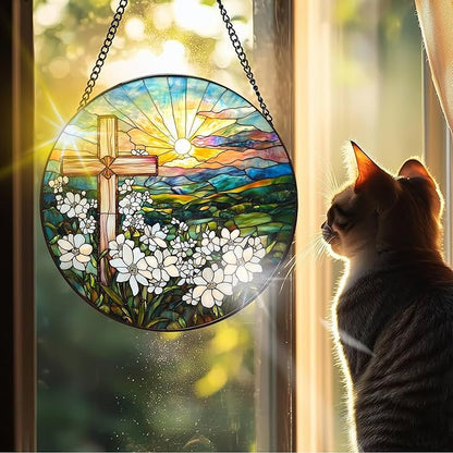 VAIIEYO Cross Sun Catcher Stained Glass Window Hanging Ornament, Handmade Sun Catcher Flower Religion Decoration with Hooks for Window Garden Home, Mother's Day & Birthday Housewarming Gift (7.8 inch)