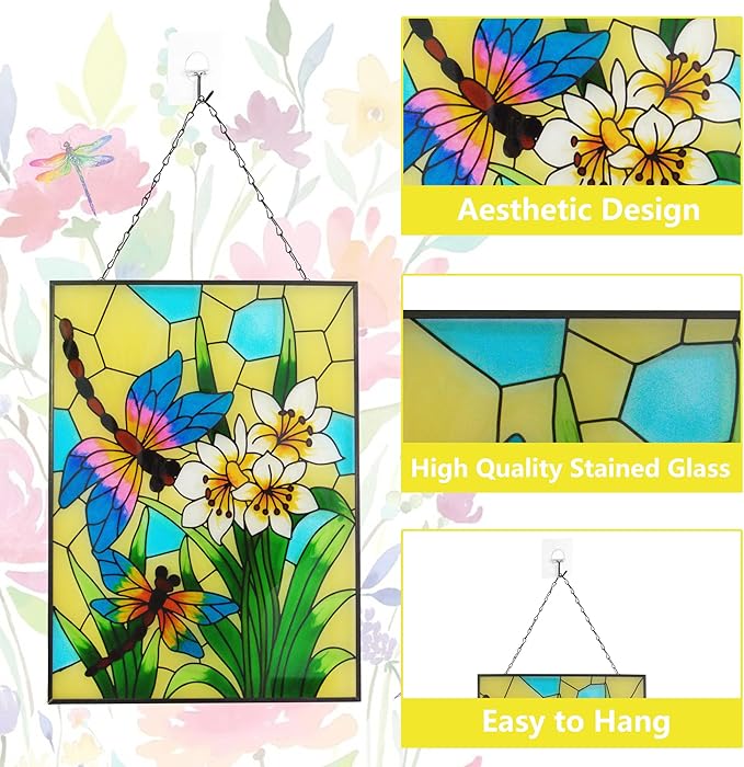 Stained Glass Window Hanging, Dragonfly Glass Art Decor, Sun Catchers Indoor Window, Valentine Rectangle Suncatchers for Windows Hanging, Stained Suncatcher for Room Balcony Garden Patio