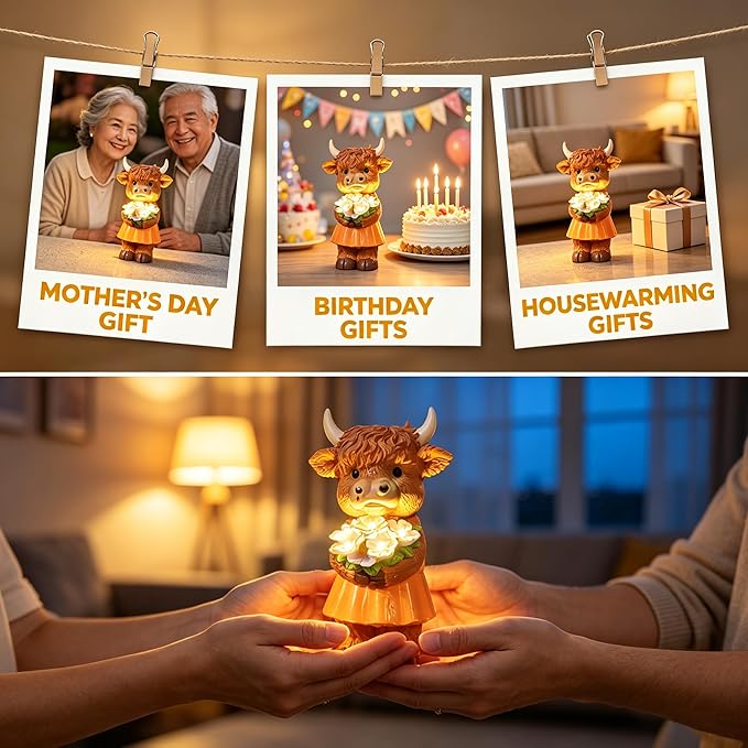Solar-Powered Resin Highland Cow Statue with Orange Skirt & Light-Up Purple Flower Bouquet - Garden Decor for Patio, Lawn, Porch or Entryway