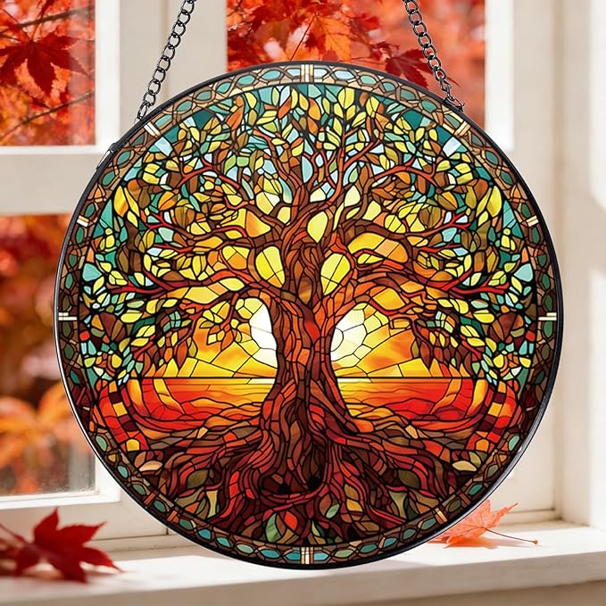 Rngmsi Stained Glass Window Hanging, 7.8″ Tree of Life Sun Catchers with Hook Indoor Window Decor, Decorative Suncatchers Hanging Ornaments Home Garden Art Gift for Housewarming
