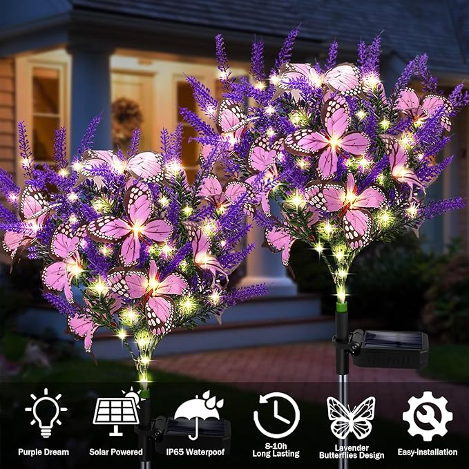 Solar Garden Lights Outdoor, 4 Pack Purple Lavender Solar Butterfly Lights Gardening Gifts for Women, Artificial Flower with Butterfly Purple Garden Decor for Lawn Patio-Warm White
