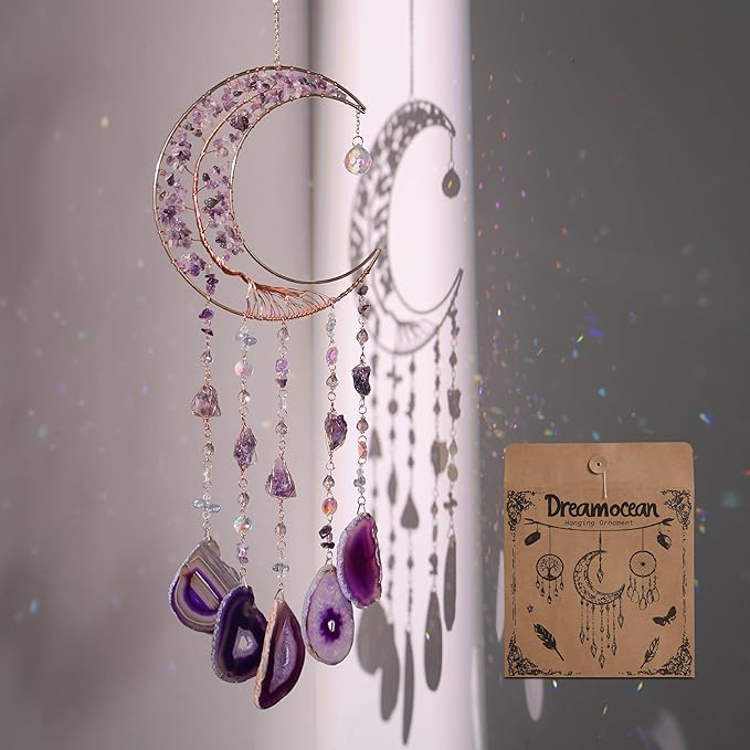 Amethyst Dream Catchers, Dreamocean Moon Tree of Life Dream Catcher Crystal Wind Chimes Sun Catcher Hanging Window Wall Decor Yoga Meditation Gifts for Adults Girls