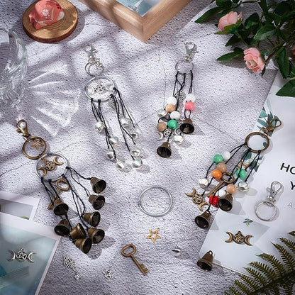 FREEBLOSS 4 Set 50+pcs DIY Witch Keychain Kit Witches Wind Chimes Witch Bells Kit Witch Craft Kit Witchy Home Decor Witch Decor Witch Bells for Keys for Protection Witch Craft for Beginners