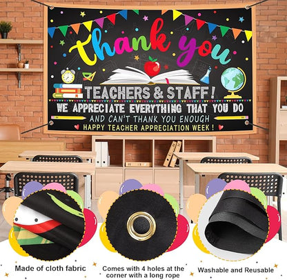 Happy Teacher Day Banner Teacher Appreciation Week Decorations Flag Outdoor 71x44 Inch School Classroom Backdrop,Thank You Teacher Gifts for Indoor Home Party Supplies,Yard Sign Photography Background