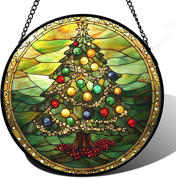 DASTOLL Stained Glass Window Hanging - Green Christmas Tree Gold Ribbon Suncatcher for Doors Home Christmas Decoration Sun Catcher Thanksgiving New Year Birthday Gifts for Women Men Mom Nana 7.8 in