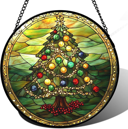 DASTOLL Stained Glass Window Hanging - Green Christmas Tree Gold Ribbon Suncatcher for Doors Home Christmas Decoration Sun Catcher Thanksgiving New Year Birthday Gifts for Women Men Mom Nana 7.8 in