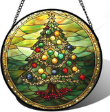 DASTOLL Stained Glass Window Hanging - Green Christmas Tree Gold Ribbon Suncatcher for Doors Home Christmas Decoration Sun Catcher Thanksgiving New Year Birthday Gifts for Women Men Mom Nana 11.8 in
