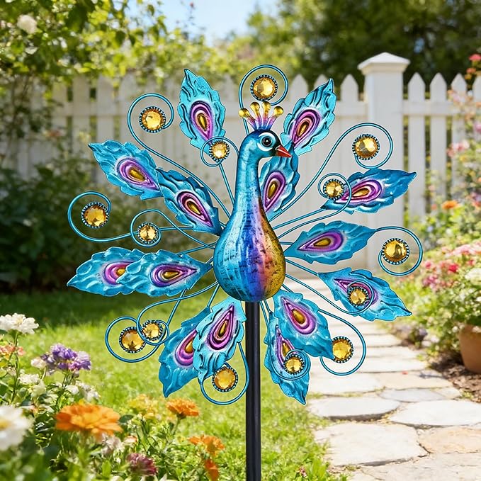 Wind Spinner for Yard and Garden Peacock Windmill Outdoor Metal Kinetic Art Wind Sculpture for Yard Patio Lawn Decoration 55 Inch,Gifts for Women
