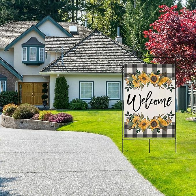 LARMOY Welcome Spring House Flag for Outdoor,28×40 Double Sided Black and White Buffalo Plaid with Sunflowers,Large Decorative Yard Flags for Summer All Seasons, Seasonal Farmhouse Outside Decor