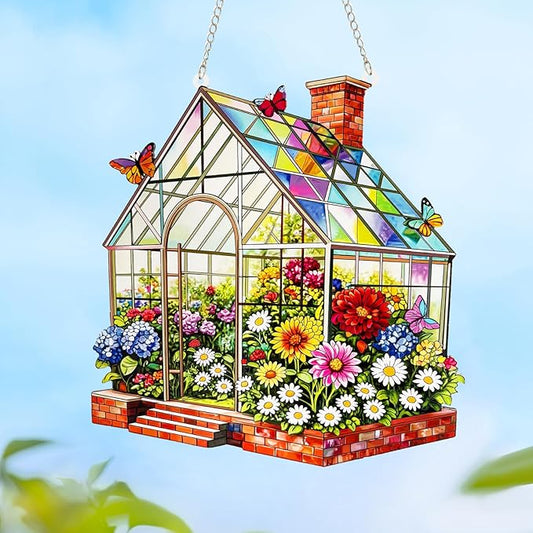 Stained Glass Suncatcher Window Hanging, Marzovitra 10 Inch Greenhouse Garden with Flowers Butterflies, Colorful Floral Real Glass Panel for Home Sunroom Patio Porch Indoor Outdoor Decor Gift Idea