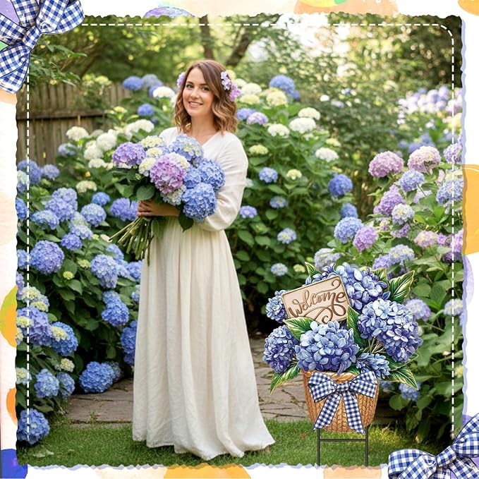 Amyhill Spring Outdoor Decor Hydrangea Metal Garden Stakes 25 Inch Decorative Hydrangea Yard Signs with Stakes Waterproof Floral Lawn Sign Welcome Outdoor Decorations for Patio Porch Lawn Backyard