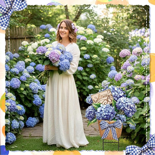 Amyhill Spring Outdoor Decor Hydrangea Metal Garden Stakes 25 Inch Decorative Hydrangea Yard Signs with Stakes Waterproof Floral Lawn Sign Welcome Outdoor Decorations for Patio Porch Lawn Backyard