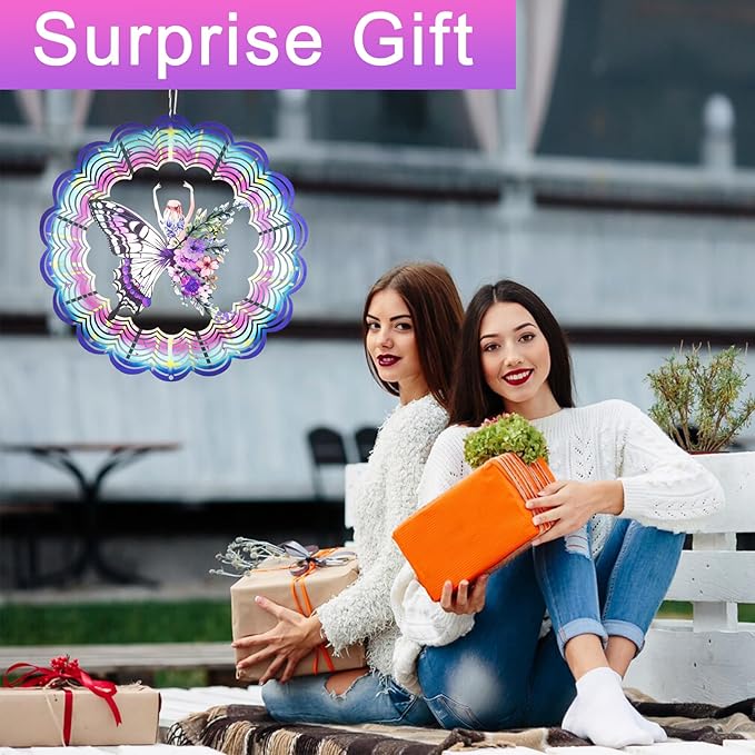Wind Spinner Mandala 12 inch 3D Stainless Steel Laser Cut Metal Art Geometric Pattern Hanging Wind Spinner (Butterfly)