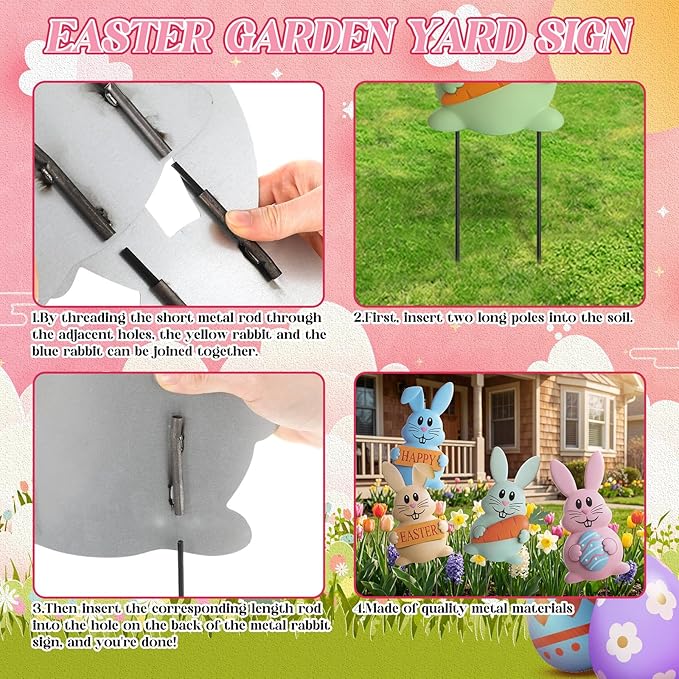 Qunclay Set of 4 Metal Easter Bunny Yard Signs Cute Rabbit Garden Stakes 13.4 Inch Colorful Bunny Yard Decorations in Pink Blue Yellow Green Easter Party Spring Outdoor Lawn Front Door Home Decor