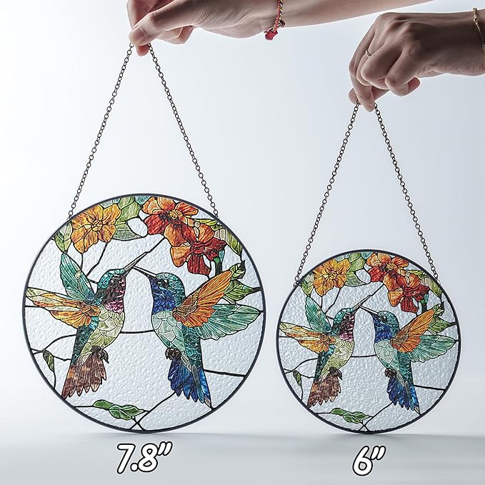 7.8" Hummingbirds Stained Glass Suncatchers Art Glass Tropical Birds for Sun Catcher Indoor Gifts for Pet Animal Nature Floral Lovers Women Grandma Mom Friend Painted Panel Décor BIRD-06B-SG8