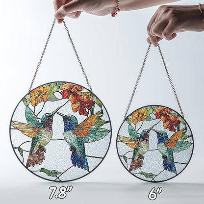 7.8" Hummingbirds Stained Glass Suncatchers Art Glass Tropical Birds for Sun Catcher Indoor Gifts for Pet Animal Nature Floral Lovers Women Grandma Mom Friend Painted Panel Décor BIRD-06B-SG8
