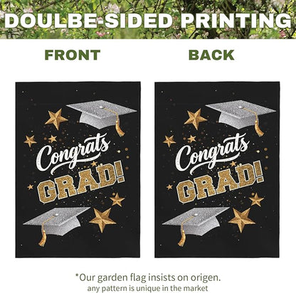 Congrats Grad Garden Flag Graduation Yard Flags Class of 2025 College Graduations Double Sided Graduational Cap Stars Black Gold House Banner for Lawn Porch Patio Yard Party Decor 12 x18 Inch