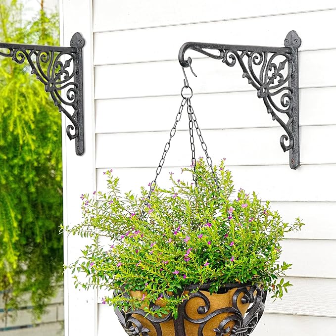Sungmor Decorative Cast Iron Wall Bracket for Hanging Baskets – 2 Pack Heavy Duty Plant Hanger Hook for Outdoor/Indoor Use – Vintage Black Metal Hanging Bracket for Lanterns, Bird Feeders, Signs