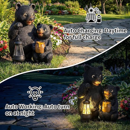 Lavezee Garden Bear Statues, Mother and Baby Bear Figurines with Solar Lantern for Outdoor Porch Yard Lawn, Unique Bear Gifts for Mom Grandma Women