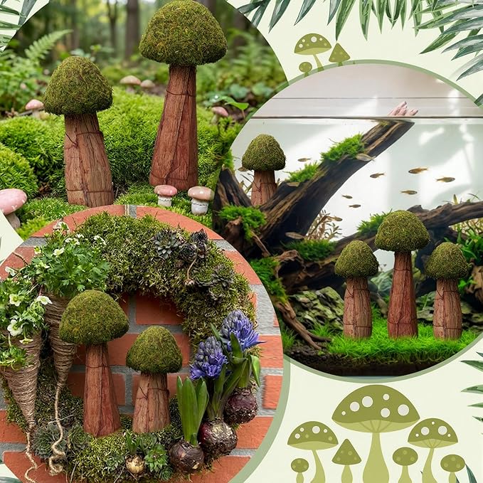 Novabright 2 Pcs Artificial Moss Mushroom Decoration Set 6" and 7.8" Fake Moss Mushroom Green Enchanted Forest Decorative Centerpieces Statues Figurines for Garden Landscape DIY Craft Outdoor