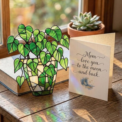 Pothos Monstera Pot Handmade Resin Suncatchers, Artisan Boho Sun Catcher Stained Glass Effect Window Hanging Garden Decor, Gift for Mother's Day Mom Grandma Wife Women