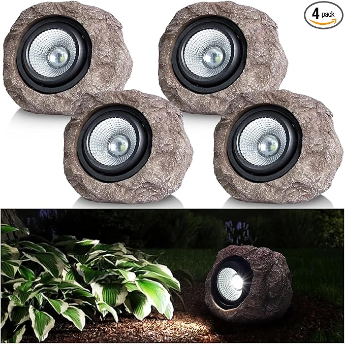 Candieslife Solar Garden Rock Lights Outdoor - IP65 LED Waterproof Solar Spotlight, Solar Powered Landscape Lights Decorative Garden Stone Light for Pathway, Walkway, Yard, Patio (4 Pack)