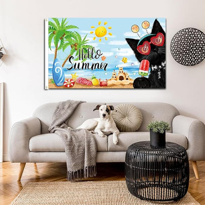 SENSEVEN Black Cat Summer Flags for Outside 3x5 Ft, Coconut Tree Popsicle Seasonal Yard Flag, Cute Kitten Beach Coastal Flag Hello Summer Welcome Outdoor Banner for Porch Farmhouse Decor