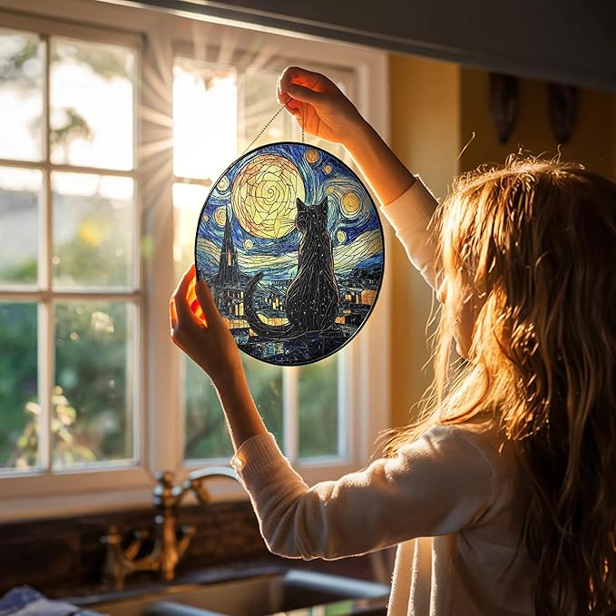 Black Cat Stained Glass Suncatcher Window Hanging Decor for Garden, Suncatcher Panel Ornament Decorations, Memorial Gifts for Cat Lovers, Women Pet Loss Sympathy Gift for Window Living Room Garden