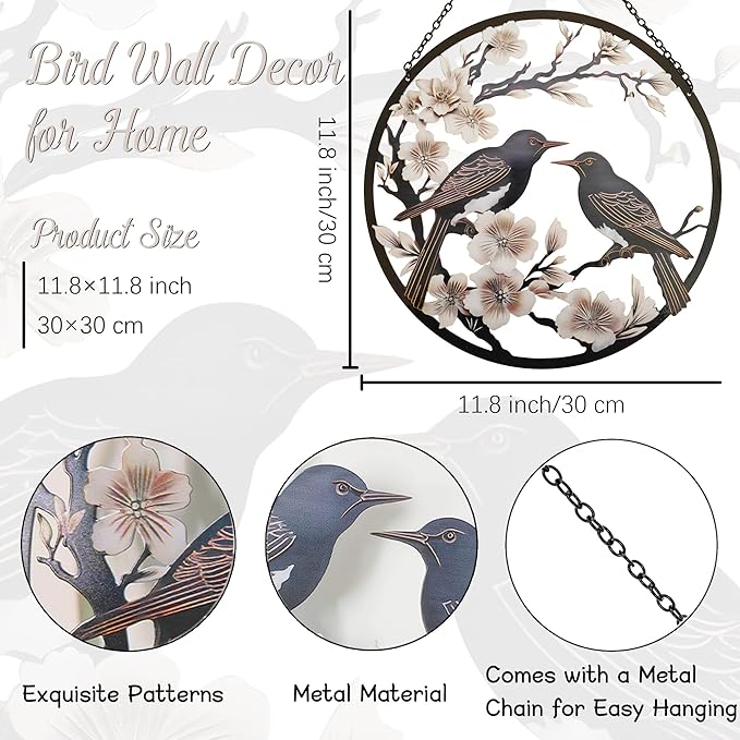 POXOHO Metal Bird Wall Art, 12" Round Wall Decor, Dark Brown, For Living Room, Bedroom, Office