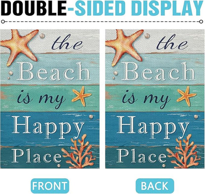 Dyrenson Summer The Beach is My Happy Place Decorative Garden Flag, Blue Coastal Starfish Farmhouse Yard Outside Home Decoration, Coral Pearl Nautical Rustic Outdoor Small Decor Double Sided 12 x 18