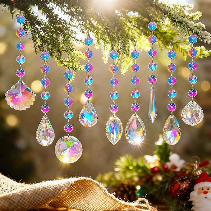 HDCRYSTALGIFTS 9 Pack Crystal Prisms Suncatchers, Rainbow Hanging Crystals Sun Catchers Indoor Windows, Colorful Beads Chains for Home Christmas Tree Decor