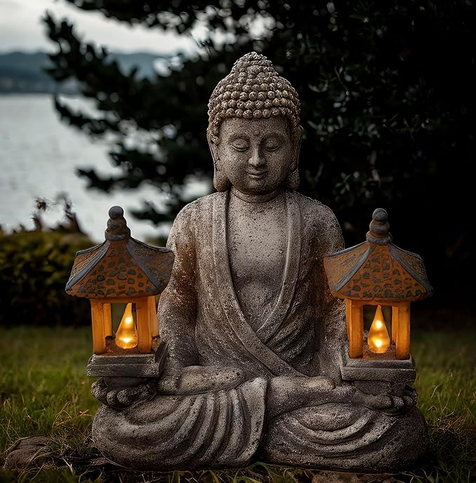 Buddha Outdoor Solar Figurine Decor Light, Meditation Small Elegant Garden Statues, Gifts for Mom, Halloween Décor Waterproof Patio Balcony Yard Lawn Ornament 8.66”