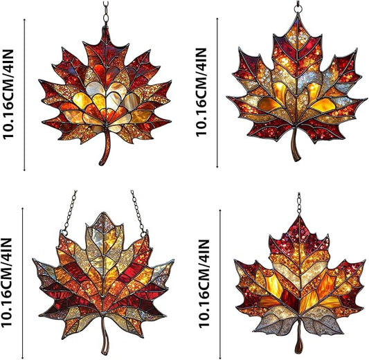 Hanging Stained Glass for Windows, Maple Leaf Set of 4 Suncatcher Ready to Hang Window Doors Home Decoration,Valentine's Day Ornaments Festival Gift