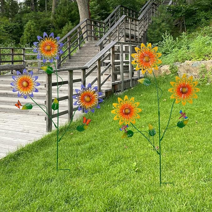Garden Decor for Outside,2 Pack Metal Yard Art Sunflower Decorative Garden Stakes with Butterfly & Dragonfly for Spring Outdoor Lawn Backyard Porch Patio Decor